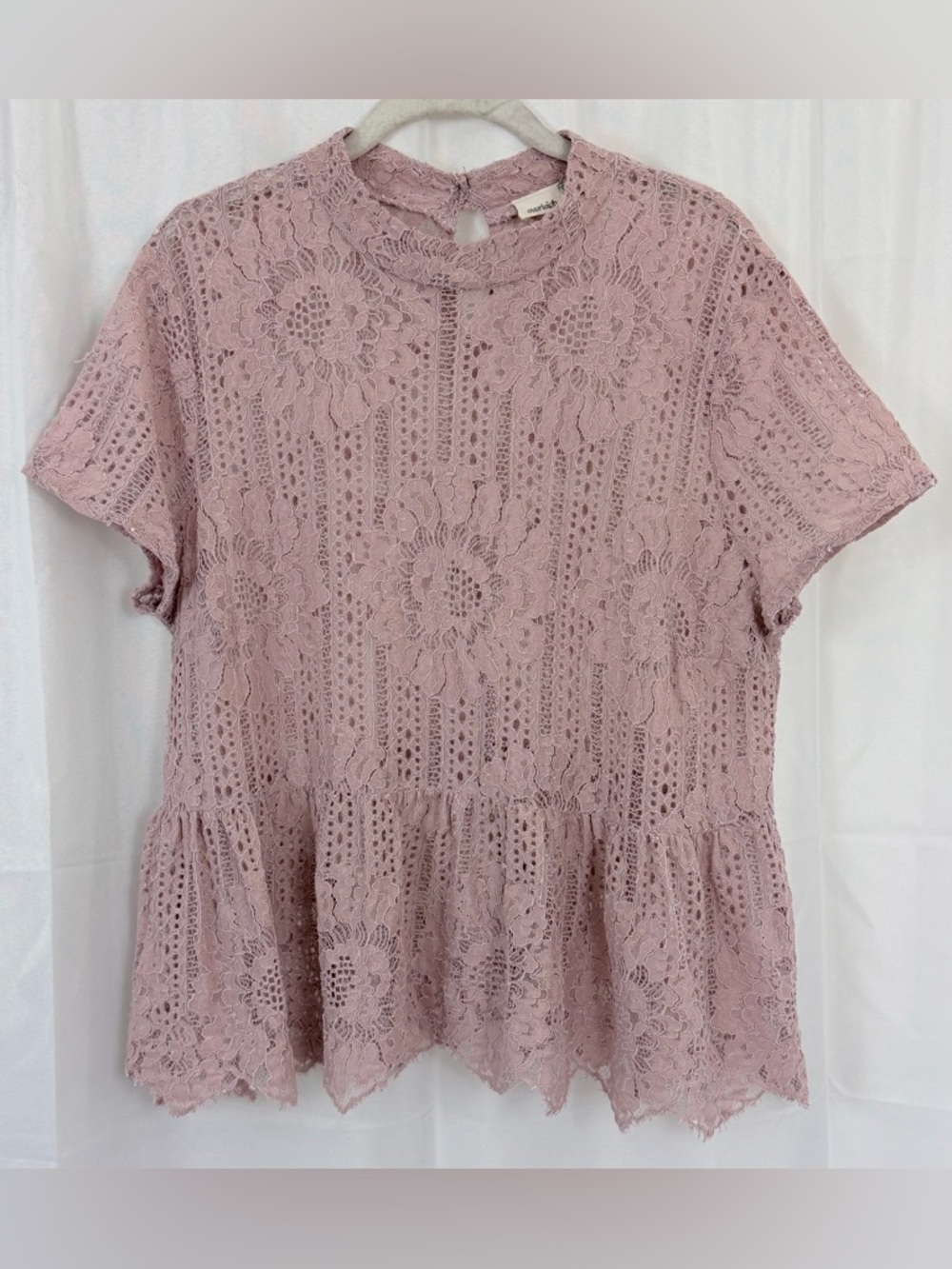 everleigh Dusty Rose semisheer Floral Lace Mock Neck Peplum Shirt Sleeve Top XL